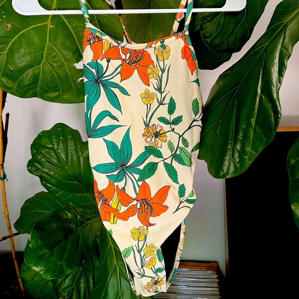 Jolyn orange and green floral one piece athletic surf swimsuit